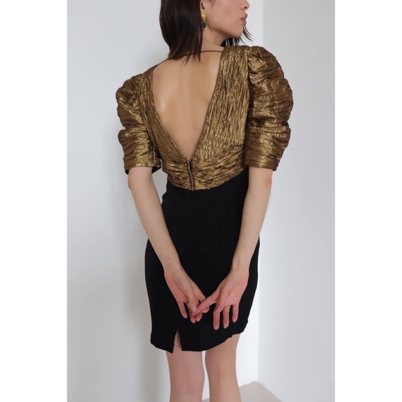Vintage Gold & Black Plisse Puff Sleeve Dress - Picture 3 of 7